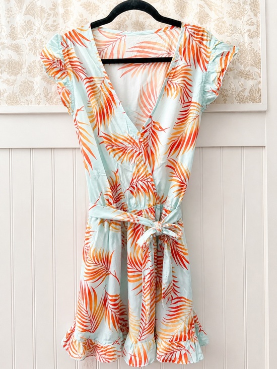 Cupshe Pants - Cupshe Light Blue Wrap Dress with Orange Palm Leaf Print